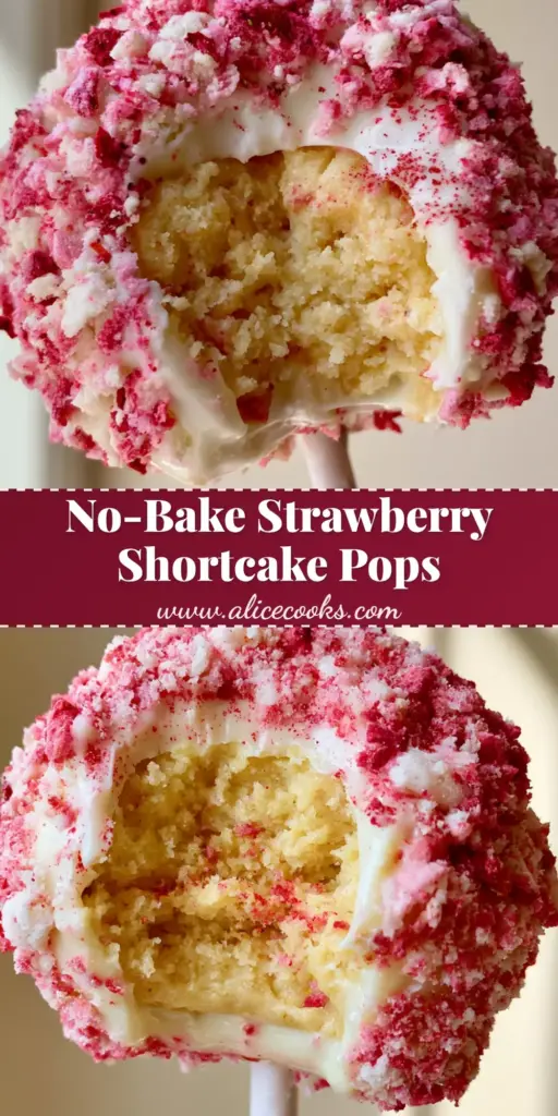 A handheld gourmet strawberry shortcake cake pop with a large bite taken out, revealing a creamy golden Oreo center and thick white chocolate coating. (strawberry shortcake cake pops)