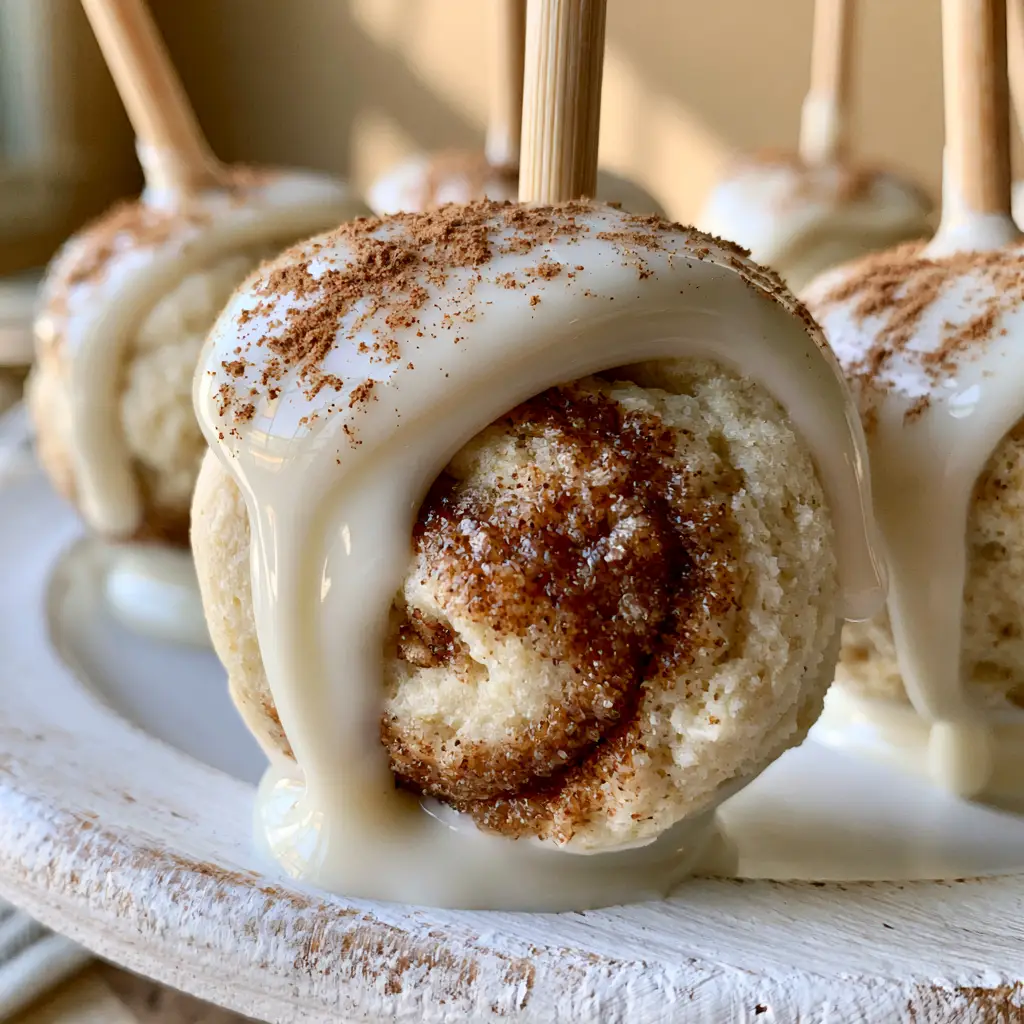 Close-up of Cinnamon Roll Cake Pops on a rustic ceramic plate with natural lighting.