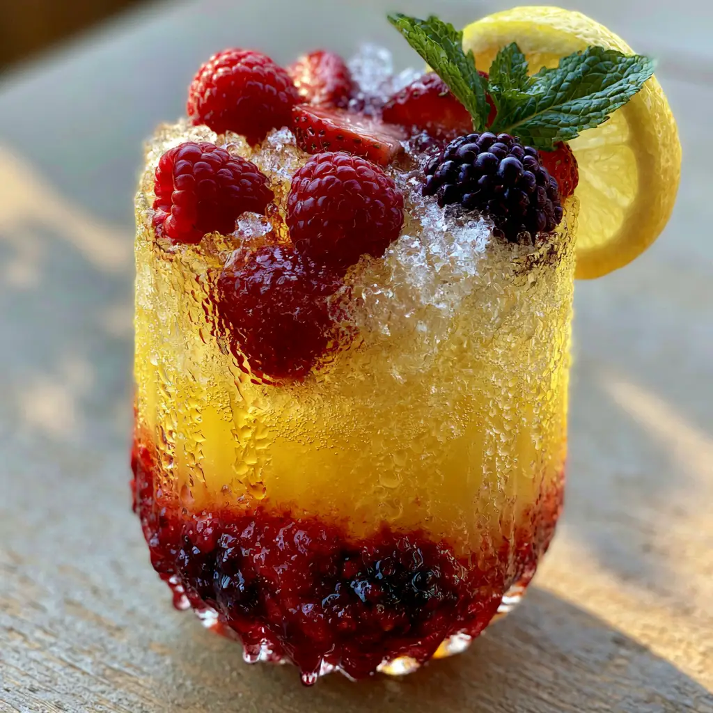 Triple Berry Lemonade Recipe: The Ultimate Sparkling Summer Refreshment 1 Frosted glass of Triple berry lemonade with condensation droplets and fresh fruit garnishes in soft sunlight.