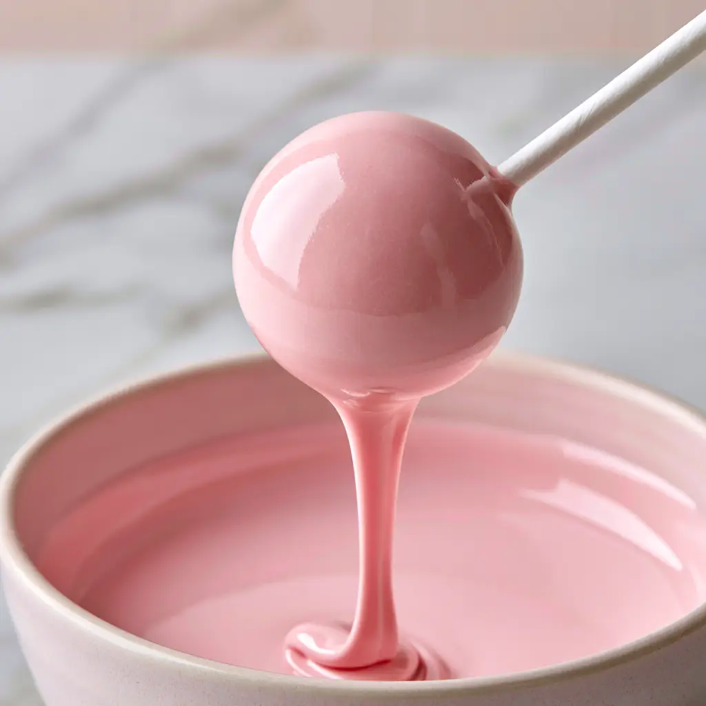 High-end food styling showing the flawlessly smooth surface of a pink cake pop on a white paper stick.