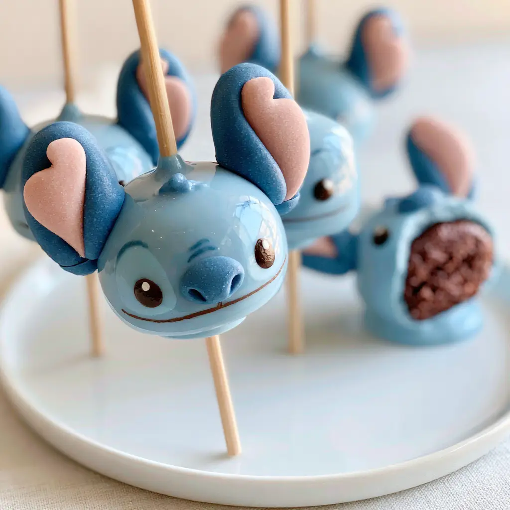 Handheld photo of a Stitch cake pop showing glossy blue finish and hand-painted facial details.