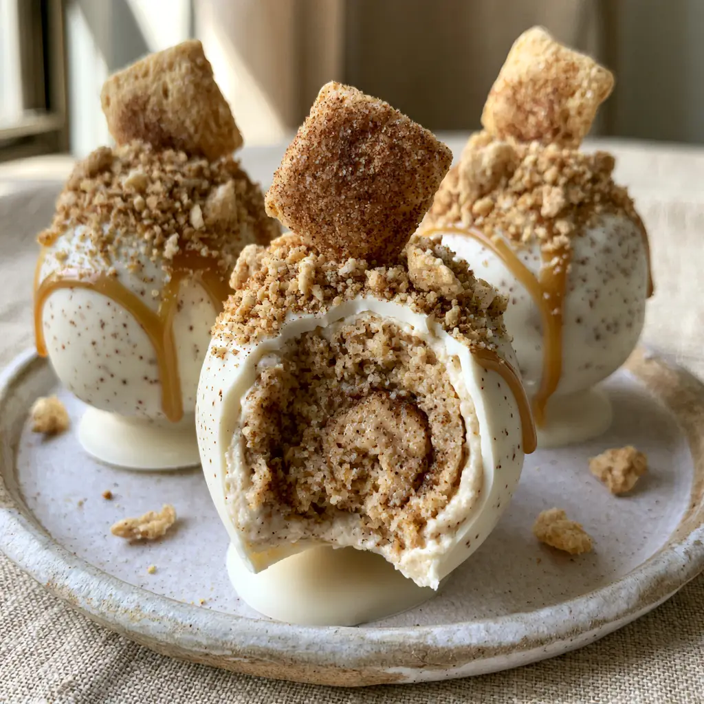 Cinnamon toast crunch cake pops interior view showing the moist light-brown cinnamon-swirl cake crumbs.