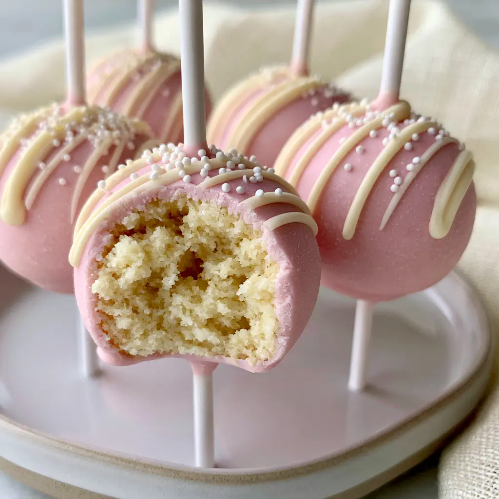 A row of pink vanilla cake pops standing upright on a minimalist ceramic plate with white sprinkles.