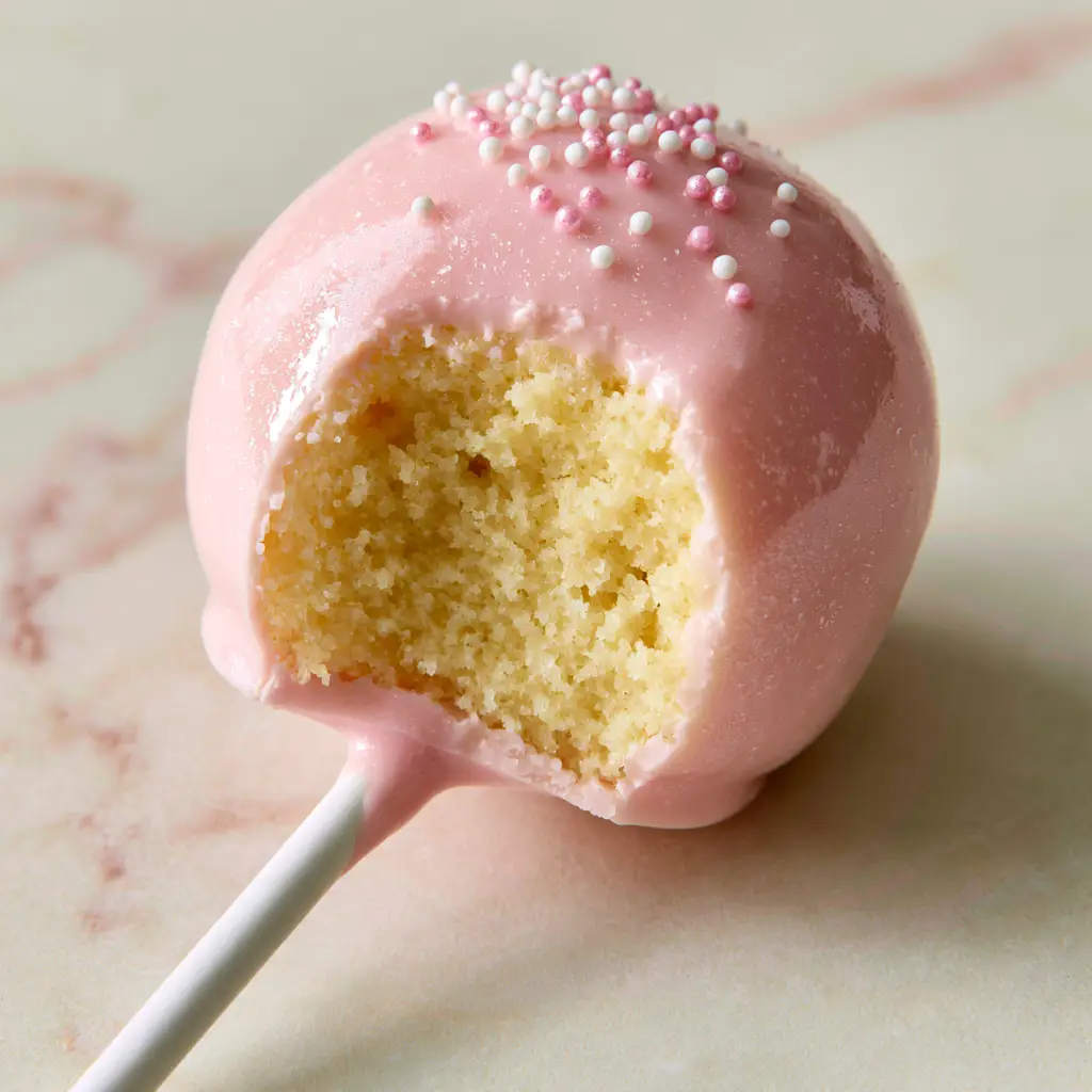 Multiple pink vanilla cake pops on a marble background with natural lighting.