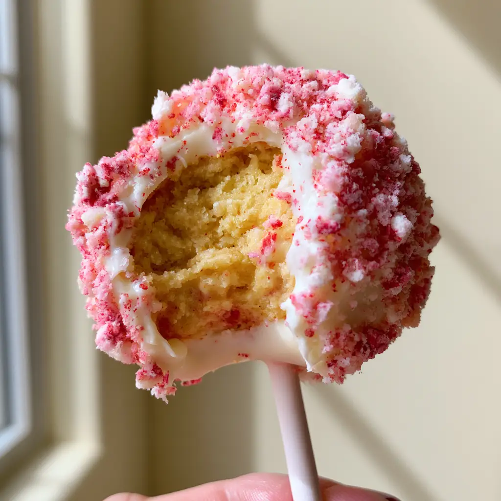 A gourmet strawberry shortcake cake pop held against a neutral background, highlighting the glossy white chocolate shell and crumbly texture.