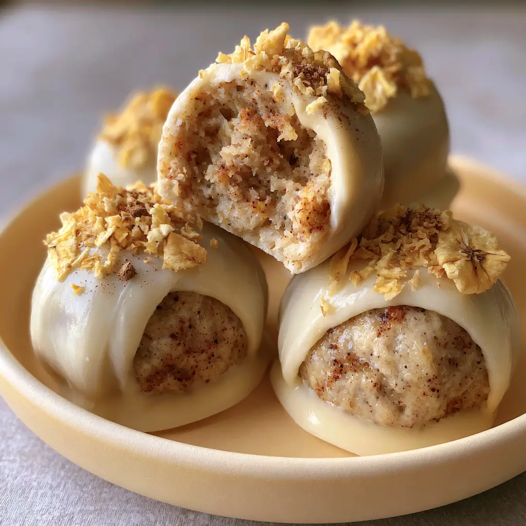 A warm off-white ceramic dish holding perfectly round Banana bread cake pops garnished with nutmeg and banana chips.