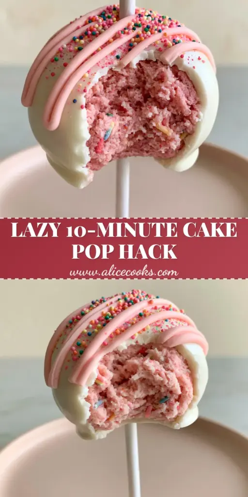 A close-up of a bitten Lofthouse cookie cake pop showing a dense pink sugar cookie center with rainbow sprinkles and a white chocolate shell. (Lofthouse cookie cake pops)
