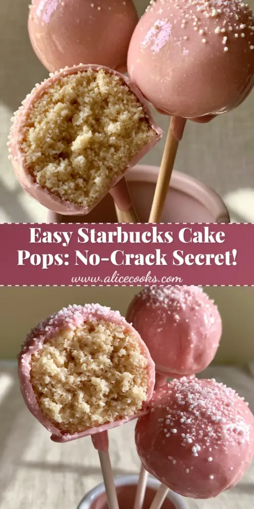Three glossy pastel pink Starbucks copycat cake pops in a ceramic stand with white sprinkles. (easy cake pops recipes)