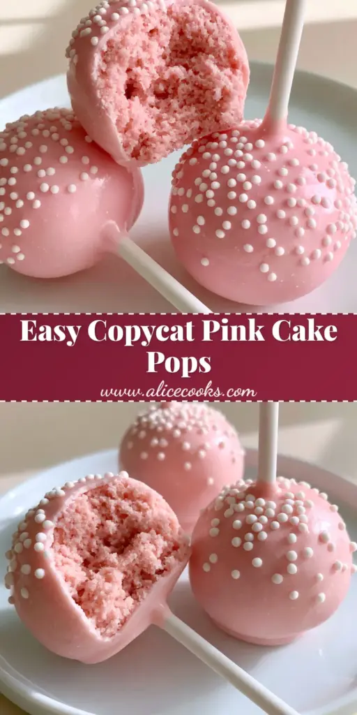 A trio of starbucks copycat cake pops with a bite taken out of one showing the moist pink interior.