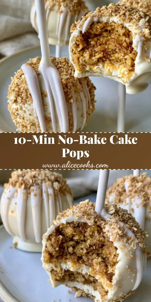 Three Oatmeal Creme Pie Cake Pops on white sticks with a glossy white drizzle and oat crumbs. (Oatmeal Creme Pie Cake Pops)