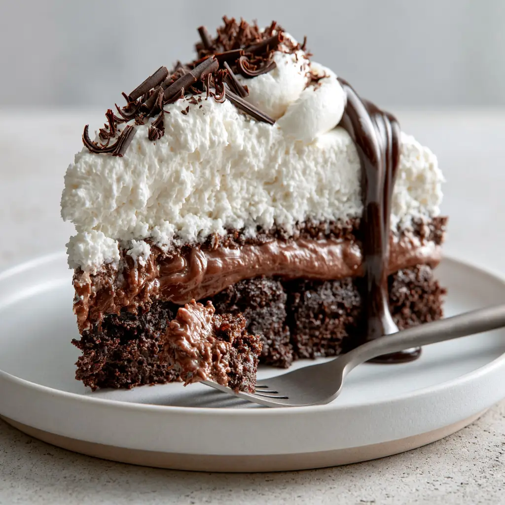 Brownie Refrigerator Cake: The Ultimate Triple-Layer Chocolate Decadence 2 A close-up of a slice of Brownie refrigerator cake on a white plate showing fudgy brownie chunks and glossy pudding. (Brownie refrigerator cake)