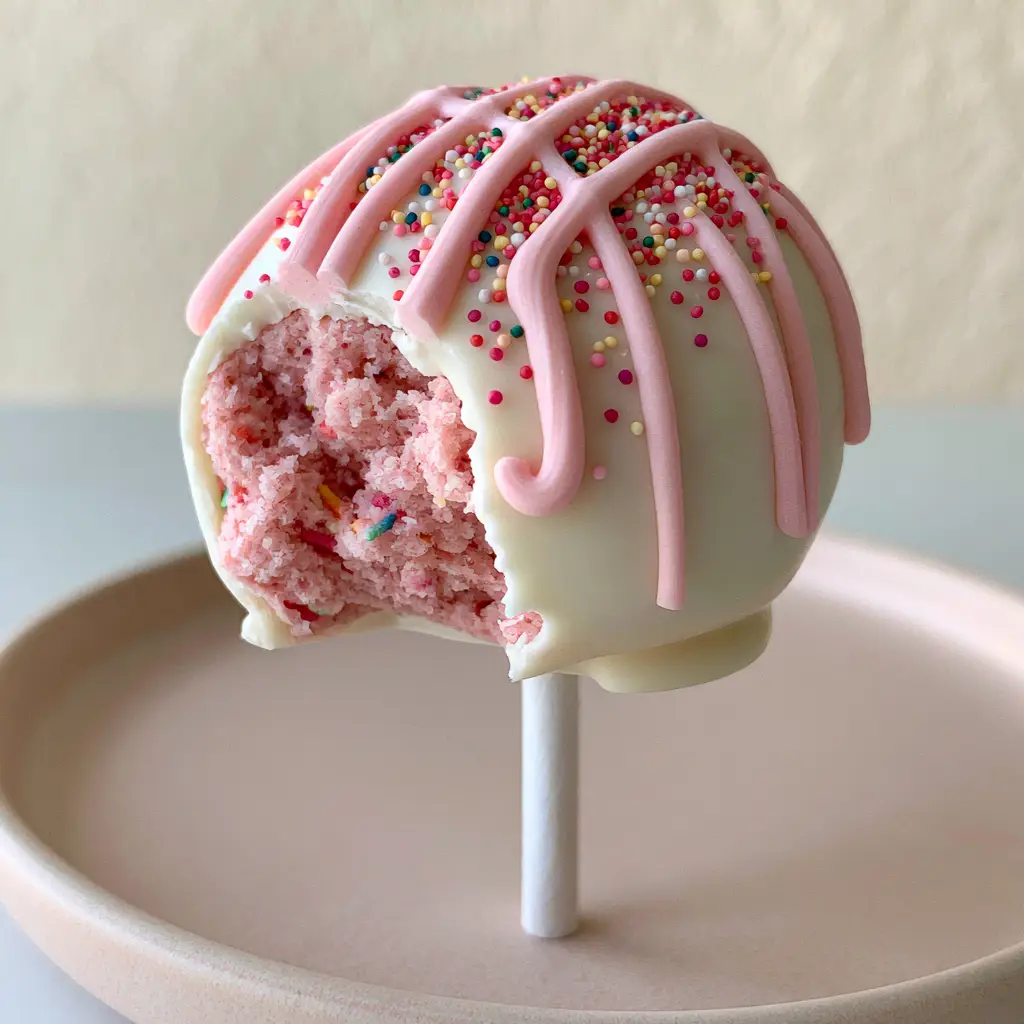 Close-up of the moist, fudgy pink sugar cookie dough inside a Lofthouse cake pop. (Lofthouse cookie cake pops)