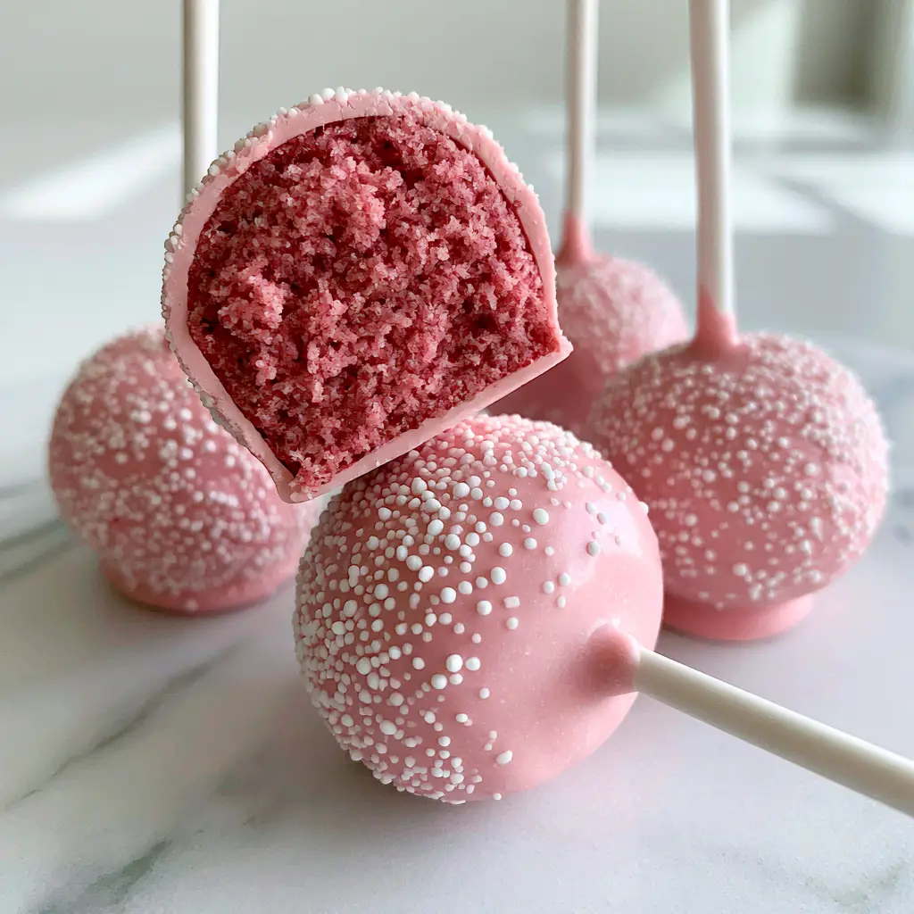 A collection of whole pink cake pops with white nonpareil sprinkles on white sticks. (homemade cake pops recipe)