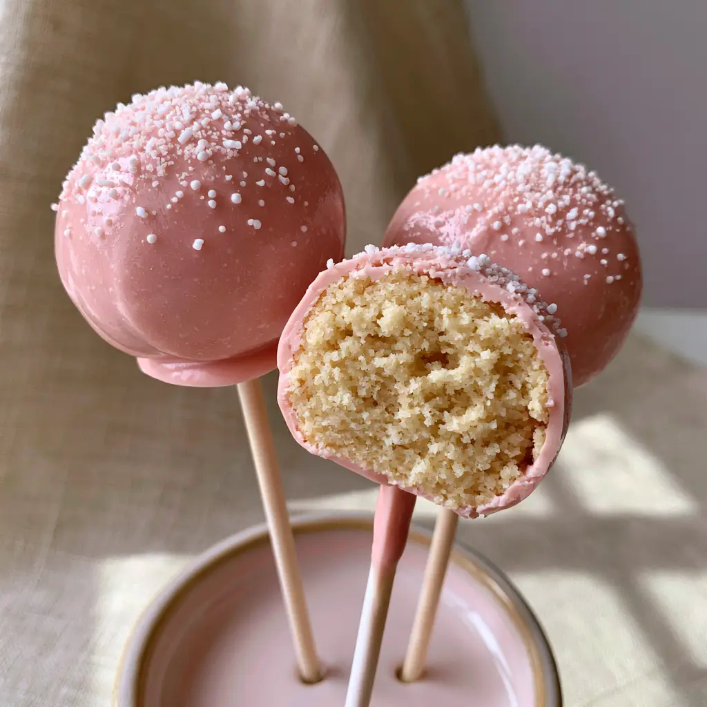Close up of glossy pink candy coating on cake pops with sugar sprinkles.