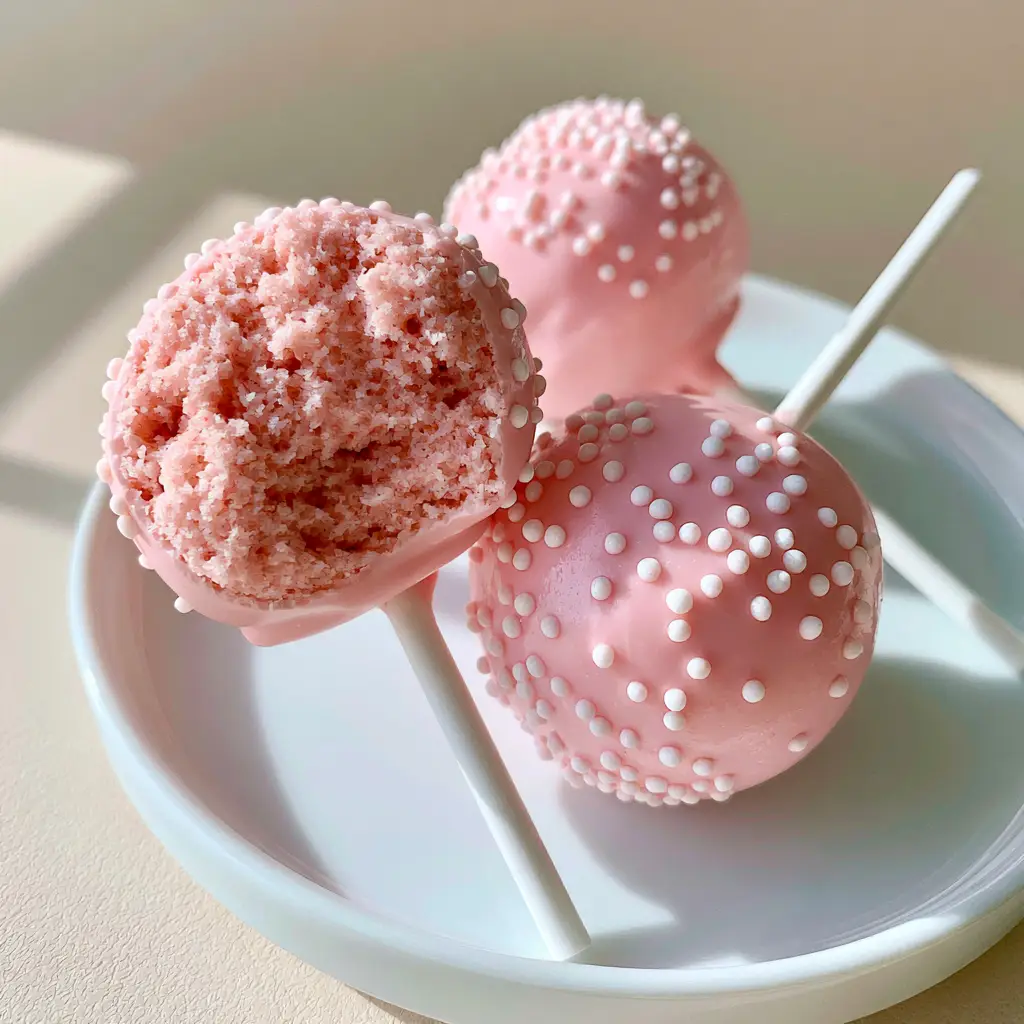 Three pink cake pops on a minimalist background showing the dense pastel pink interior. (starbucks copycat cake pops)