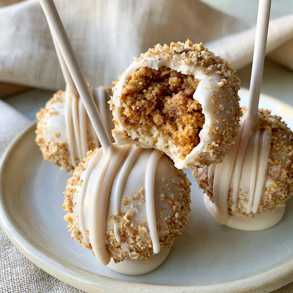 Close up of Oatmeal Creme Pie Cake Pops with white sticks and fine oat crumb texture.
