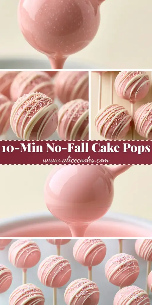 A professional flat-lay of glossy pastel pink cake pops with white chocolate drizzle and sprinkles. (Cake pop tips)