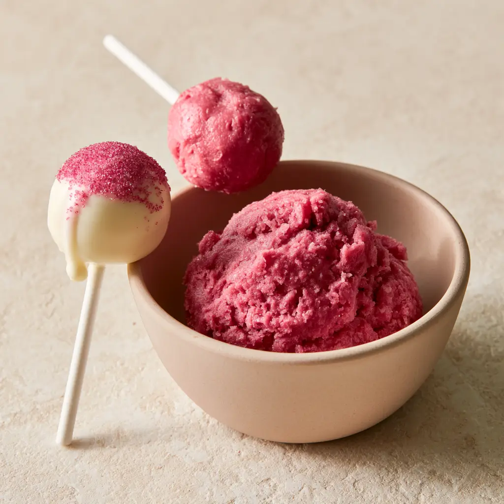 Cake Pop Dough: The Ultimate Secret to Dense, Fudge-Like Pink Treats 2 Macro shot of vibrant pink vanilla cake dough in a matte ceramic bowl. (Cake pop dough)