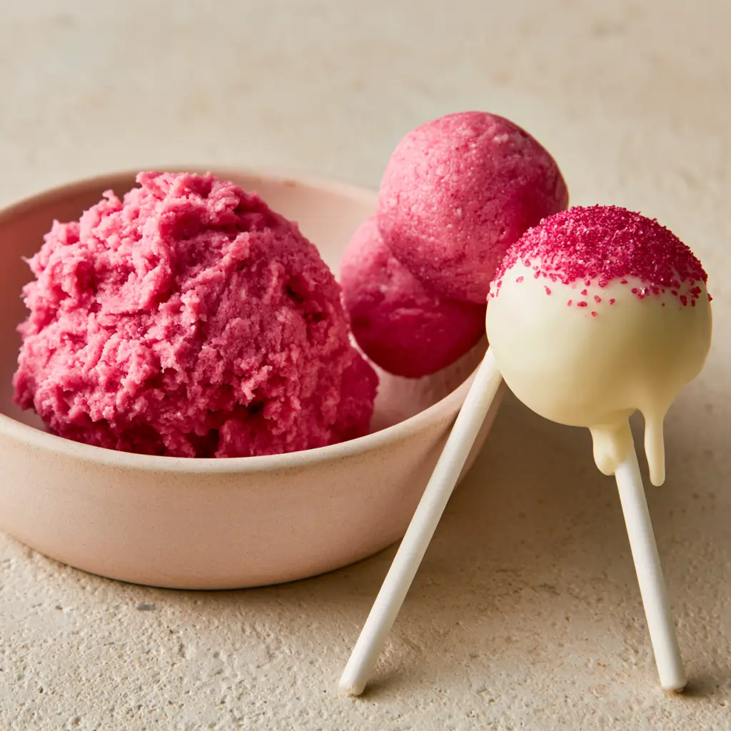 Cake Pop Dough: The Ultimate Secret to Dense, Fudge-Like Pink Treats 1 Two pink cake pop spheres on white sticks, one half-dipped in glossy white chocolate with sanding sugar. (Cake pop dough)