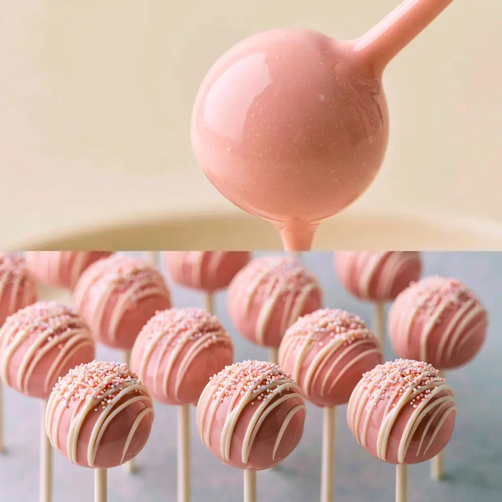 Multiple finished cake pops standing upright with sprinkles and white chocolate drizzle decoration.