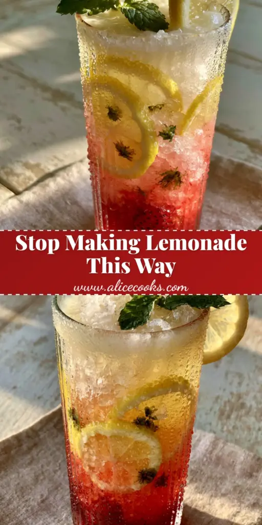 Nostalgic Summer Drinks: Artisanal Layered Strawberry Mint Lemonade 3 A tall vintage ribbed glass with condensation beads, featuring a layered red strawberry base and a cloudy lemon top, garnished with mint and a lemon wheel. (nostalgic summer drinks)