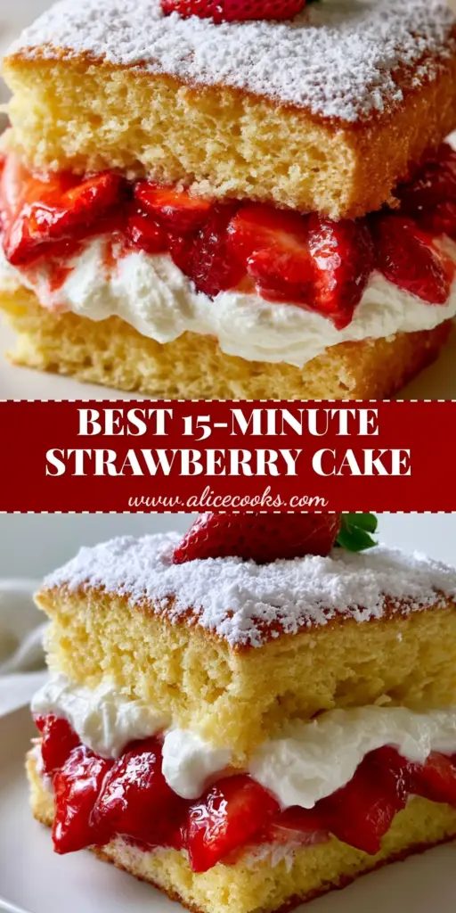 A tall slice of strawberry sponge cake with a 2-inch whipped cream layer and fresh strawberries on a white plate.