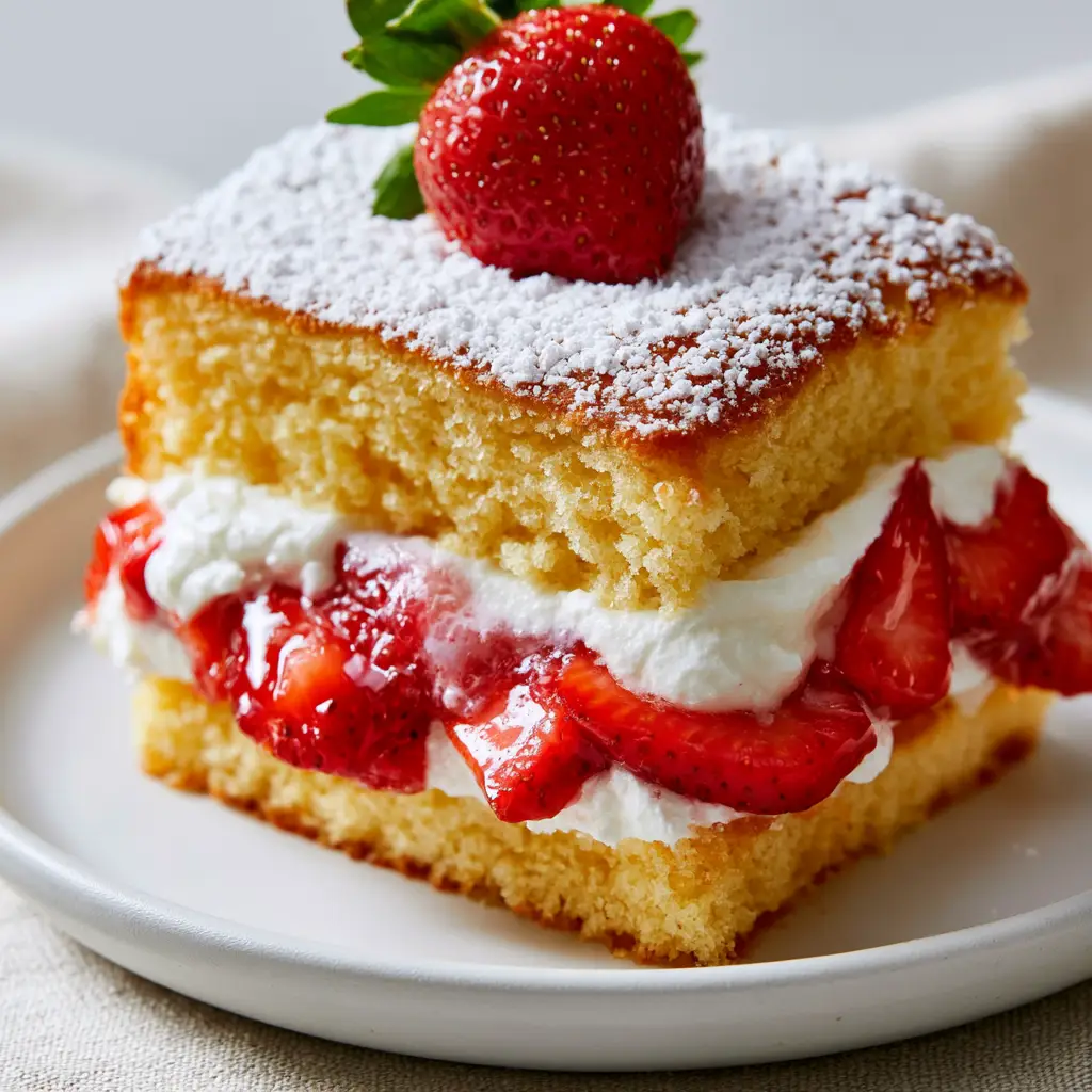 A slice of strawberry sponge cake overflowing with glistening red strawberries and a heavy dusting of powdered sugar.