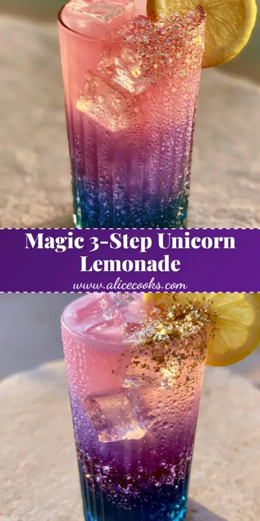 Unicorn Lemonade Recipe: A Magical Layered Summer Drink 4 A tall ribbed glass filled with layered unicorn lemonade showing electric blue, violet, and pastel pink colors with a lemon garnish.