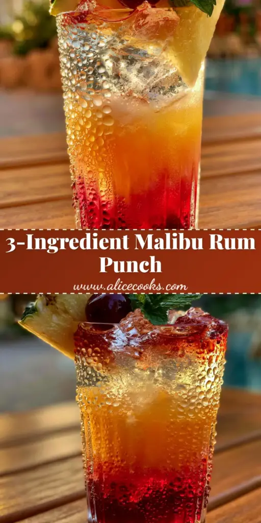 A vibrant layered Malibu Rum drink with red, orange, and clear layers in a ribbed glass with condensation. (Malibu Rum Drinks)