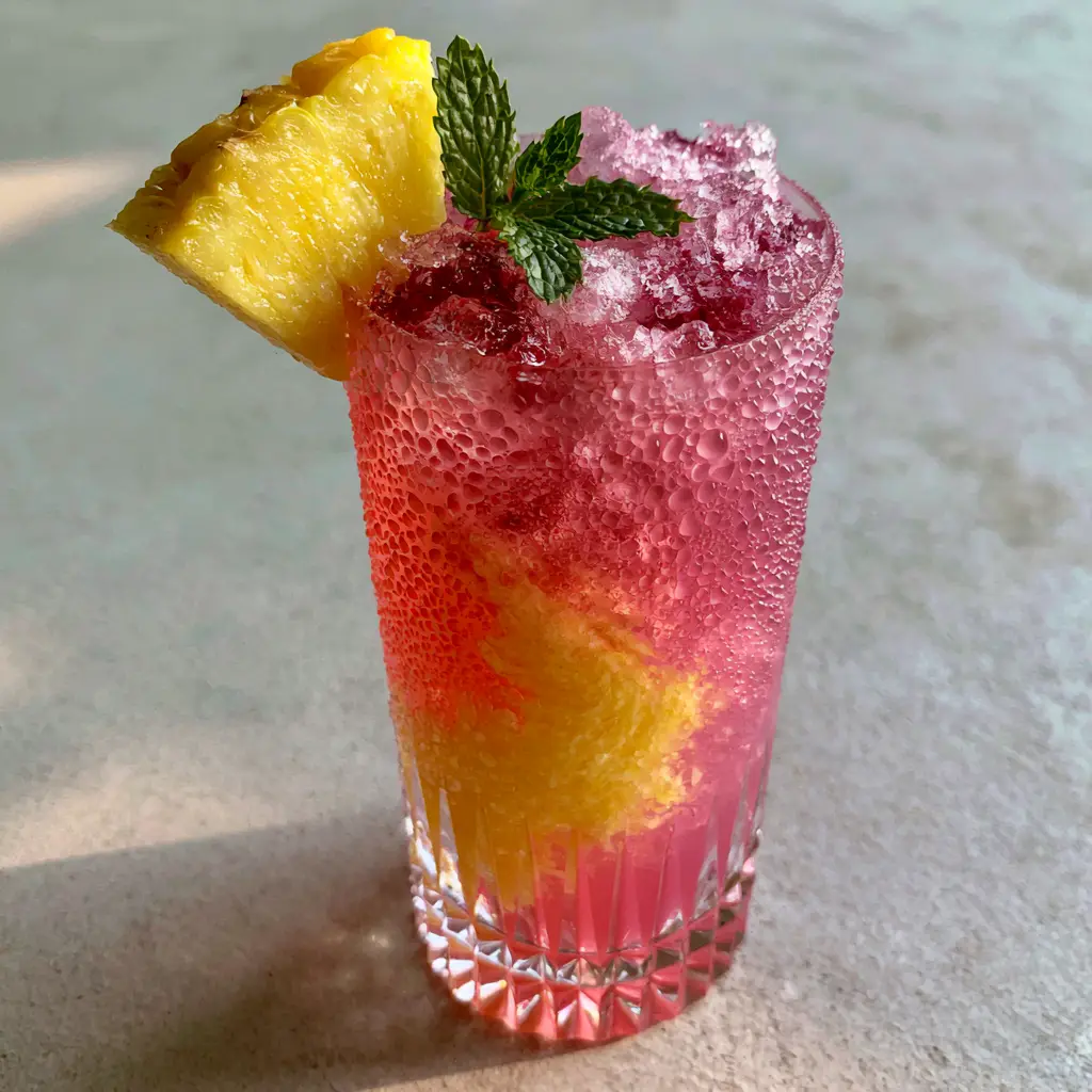 Handheld photo of Pineapple Pink Lemonade in a ribbed glass showing the bleeding yellow juice effect and fresh mint garnish.