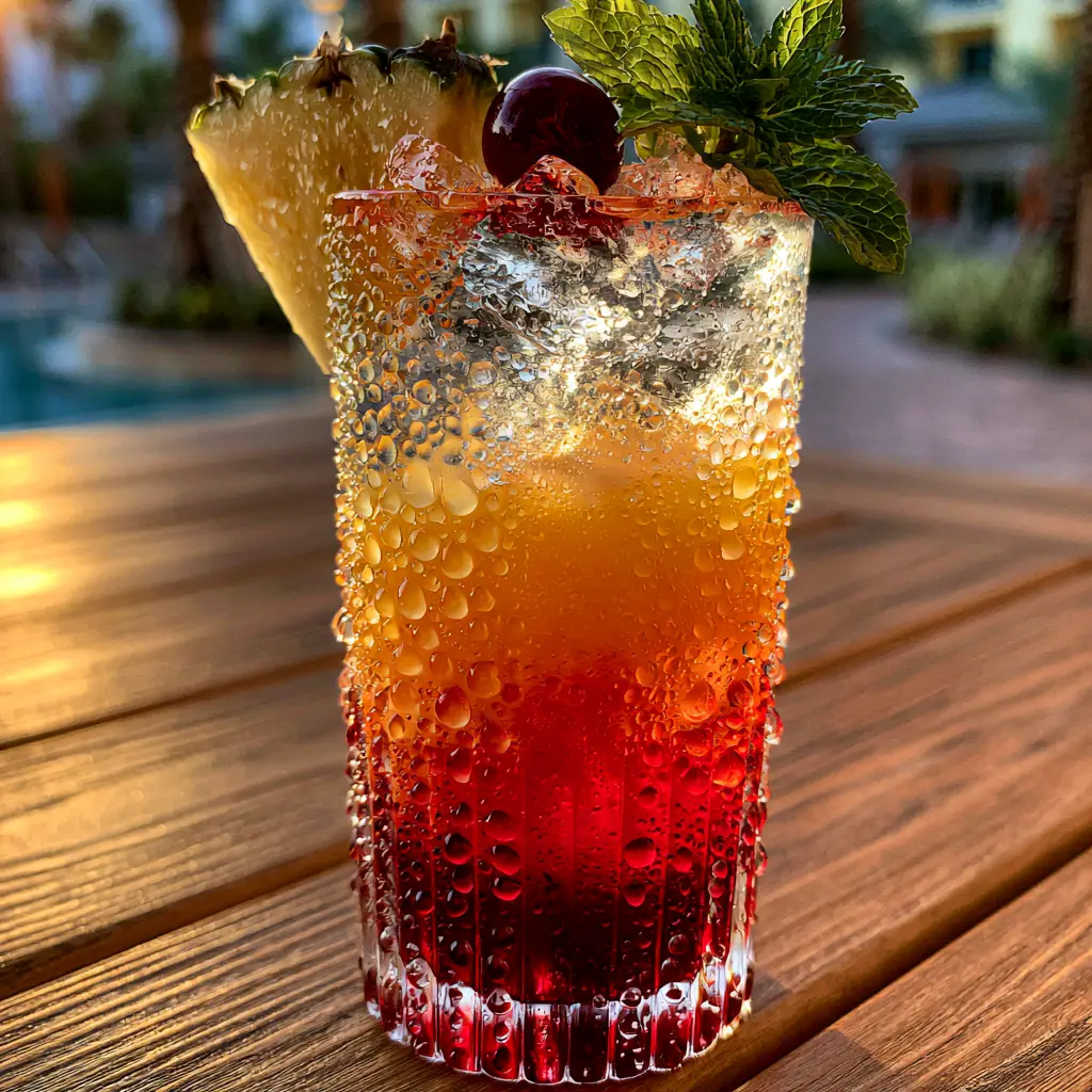 Close up of Malibu Rum Drinks showing distinct red and orange layers and clear ice cubes. (Malibu Rum Drinks)