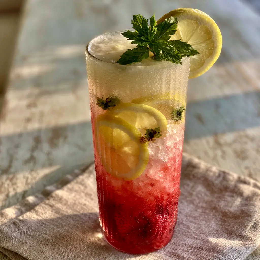 Nostalgic Summer Drinks: Artisanal Layered Strawberry Mint Lemonade 2 Close-up of a condensation-beaded ribbed glass showing a vibrant red strawberry puree layer at the bottom. (nostalgic summer drinks)