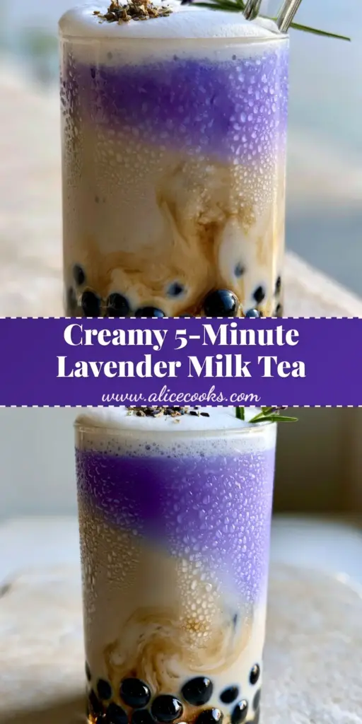 A tall condensation-streaked glass of layered lavender milk tea with black boba and a white foam cap. (lavender milk tea)