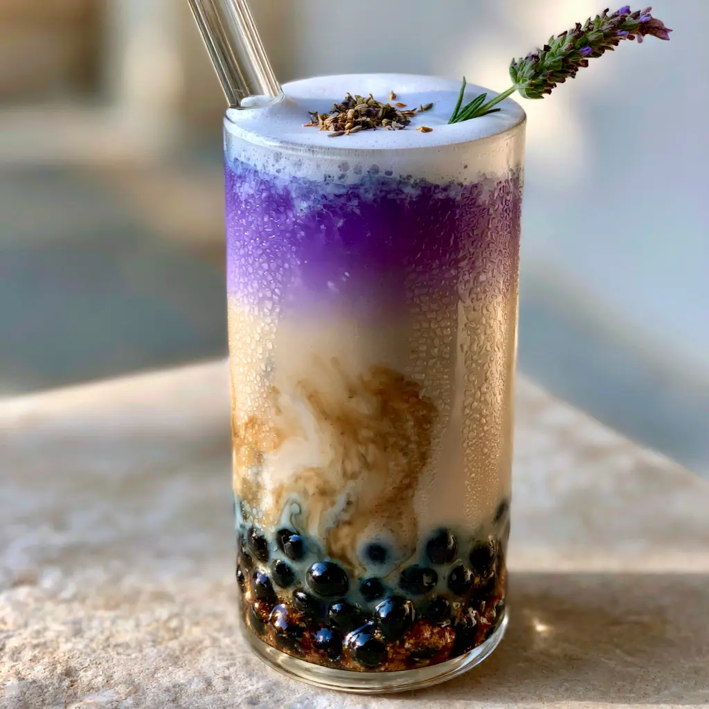 Close up photo of glossy black boba pearls in brown sugar syrup at the bottom of a lavender milk tea. (lavender milk tea)
