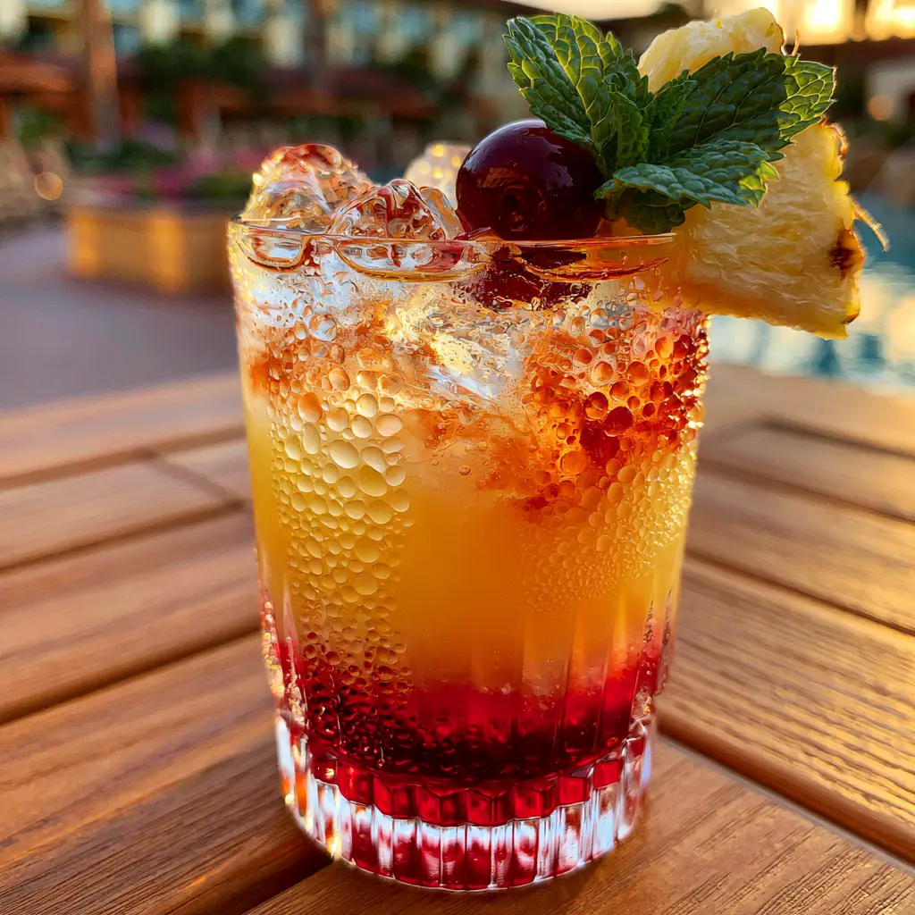 A highball glass filled with a layered rum drink garnished with pineapple and mint on a wooden table.