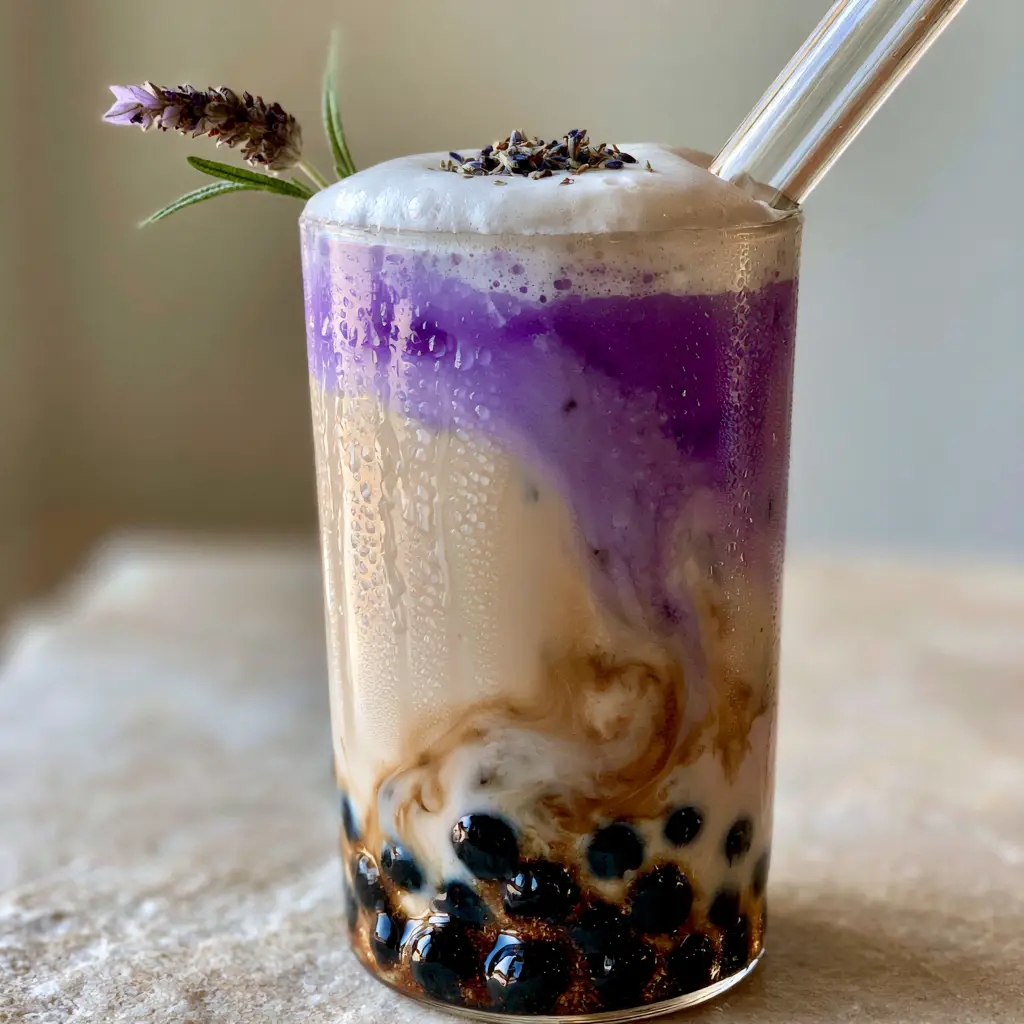 The pastel purple lavender tea layer meeting the white cold foam cap topped with dried buds. (lavender milk tea)