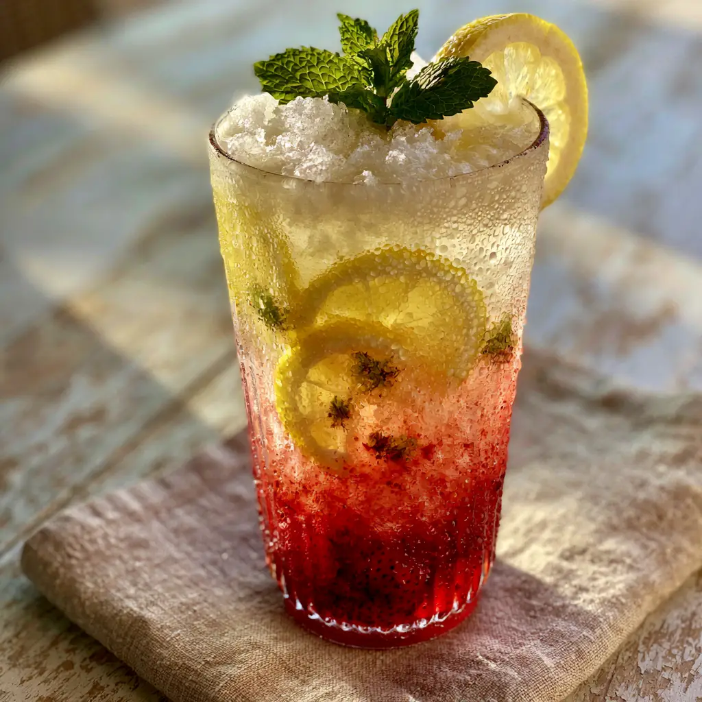 Nostalgic Summer Drinks: Artisanal Layered Strawberry Mint Lemonade 1 A smartphone-style photo of a refreshing lemonade on a weathered wood surface with soft afternoon light.