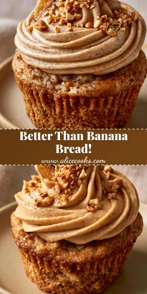 A close-up shot of Peanut Butter Banana Cupcakes with velvety frosting and caramelized banana slices.