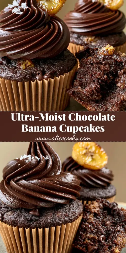 Chocolate Banana Cupcakes with Glossy Dark Chocolate Buttercream 2 A tall chocolate banana cupcake with glossy dark chocolate buttercream and a caramelized banana slice on a stoneware plate. (chocolate banana cupcakes)