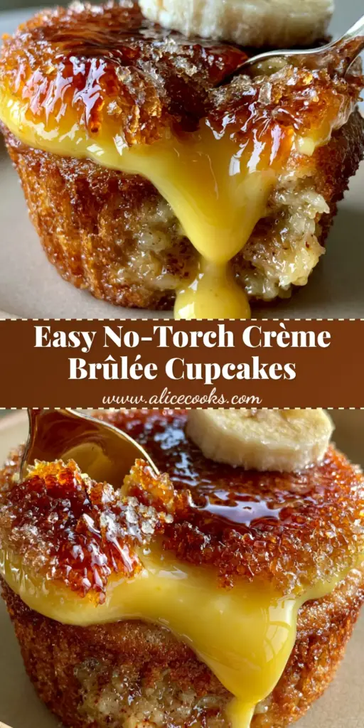 A smartphone photo of a banana creme brulee cupcake on a beige plate with a spoon cracking the shattered golden-amber sugar crust.