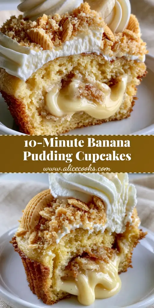 Banana Cream Cupcakes: The Ultimate Oozing Vanilla Custard Filled Treat 5 A stack of golden banana cream cupcakes topped with high swirls of white whipped cream and Nilla wafer crumbs.