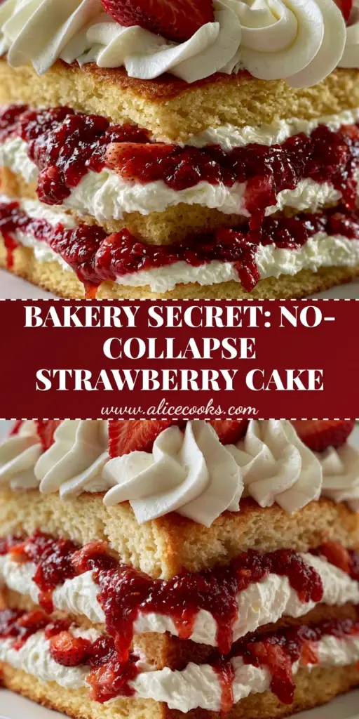 A massive three-layer Strawberry Shortcake Cake with thick cream layers and glossy jam drips on a white pedestal.