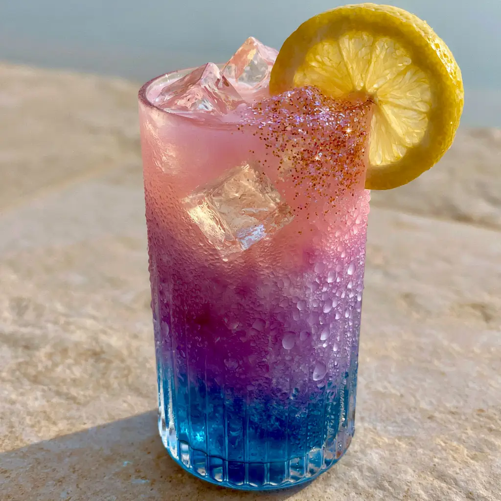 Unicorn Lemonade Recipe: A Magical Layered Summer Drink 2 Close-up of a unicorn lemonade with electric blue bottom layer and clear ice cubes.