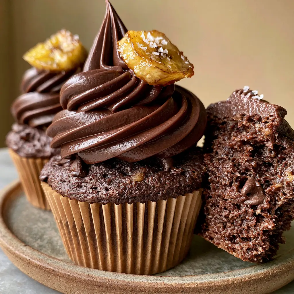 Chocolate Banana Cupcakes with Glossy Dark Chocolate Buttercream 3 Close-up of a chocolate banana cupcake cut in half showing the moist crumb and melted chocolate chips. (chocolate banana cupcakes)