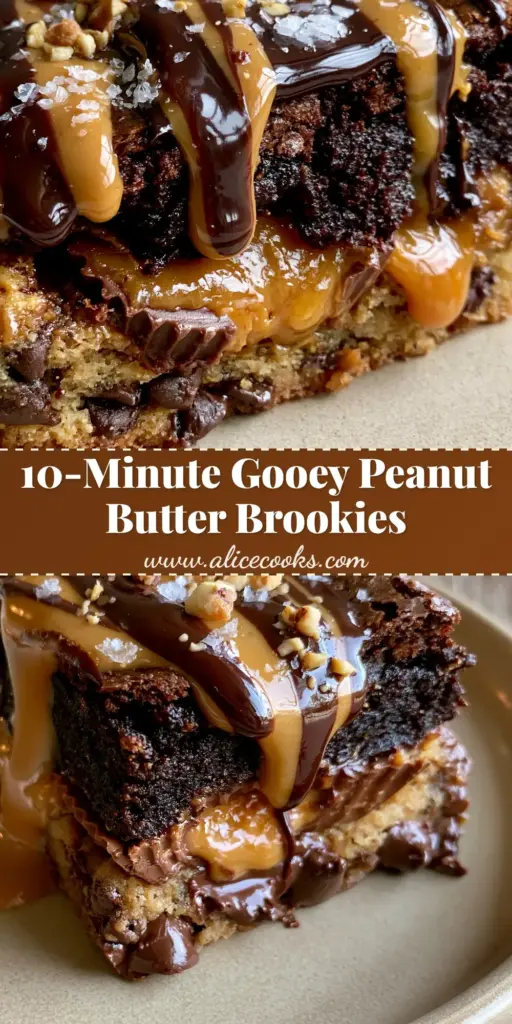 A close-up vertical shot of Peanut Butter Cup Stuffed Brookies showing the dark chocolate brownie layer, melting peanut butter center, and golden cookie crust with glossy peanut butter drizzle.