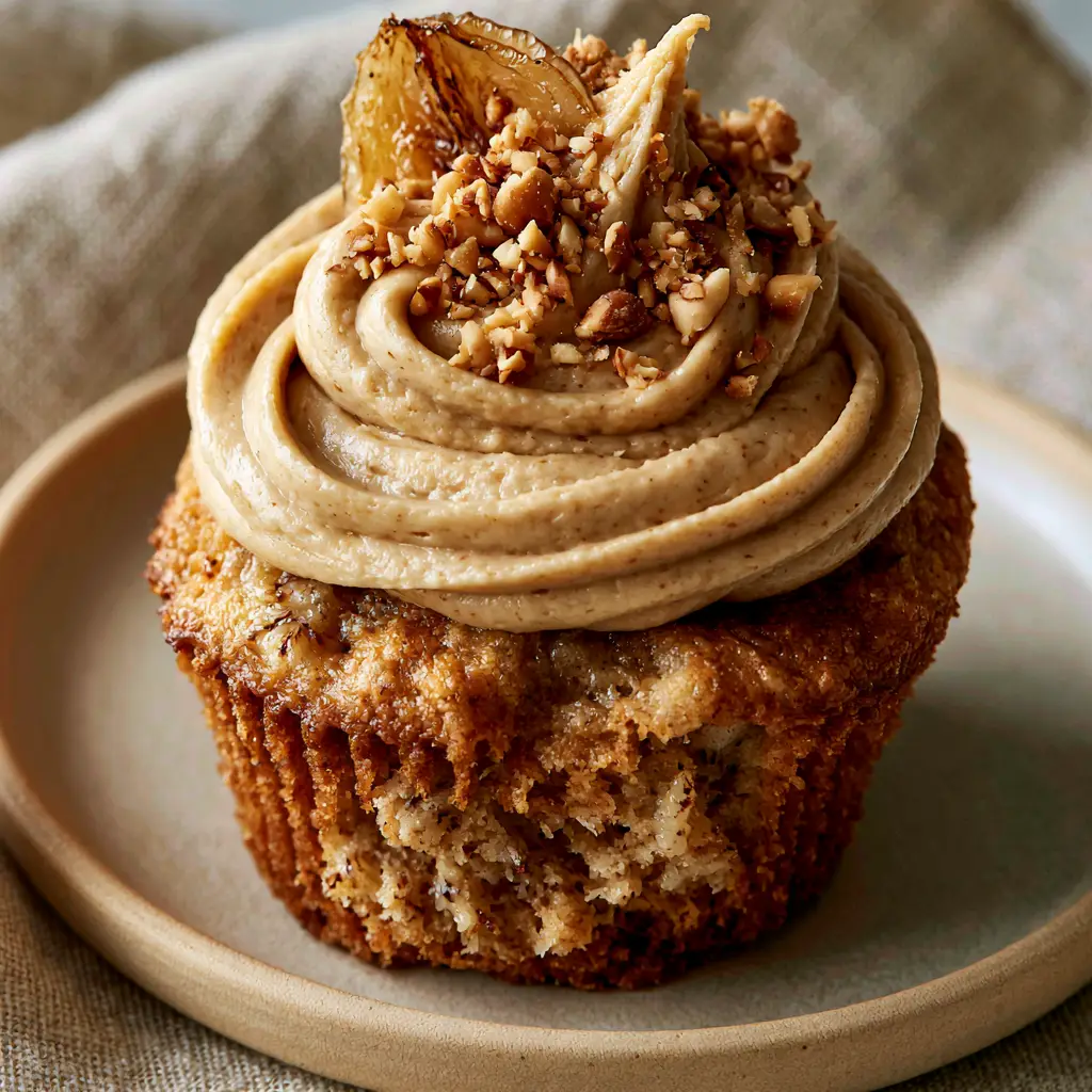 High-angle shot of a velvety peanut butter buttercream swirl topped with peanuts and caramelized banana. (Peanut Butter Banana Cupcakes)