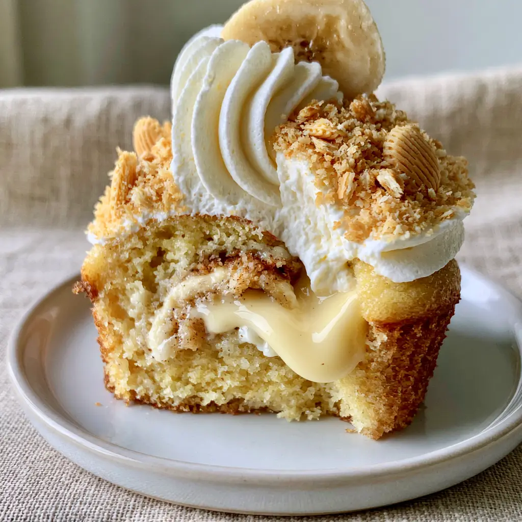 Banana Cream Cupcakes: The Ultimate Oozing Vanilla Custard Filled Treat 2 A close-up cross-section of banana cream cupcakes showing the moist golden cake and slow-oozing yellow custard center.