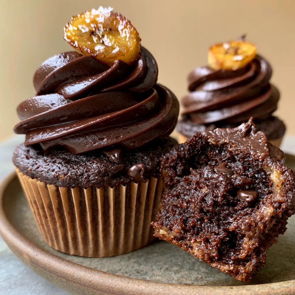 Chocolate Banana Cupcakes with Glossy Dark Chocolate Buttercream 1 Top-down view of perfectly piped dark chocolate buttercream swirls on banana cupcakes.