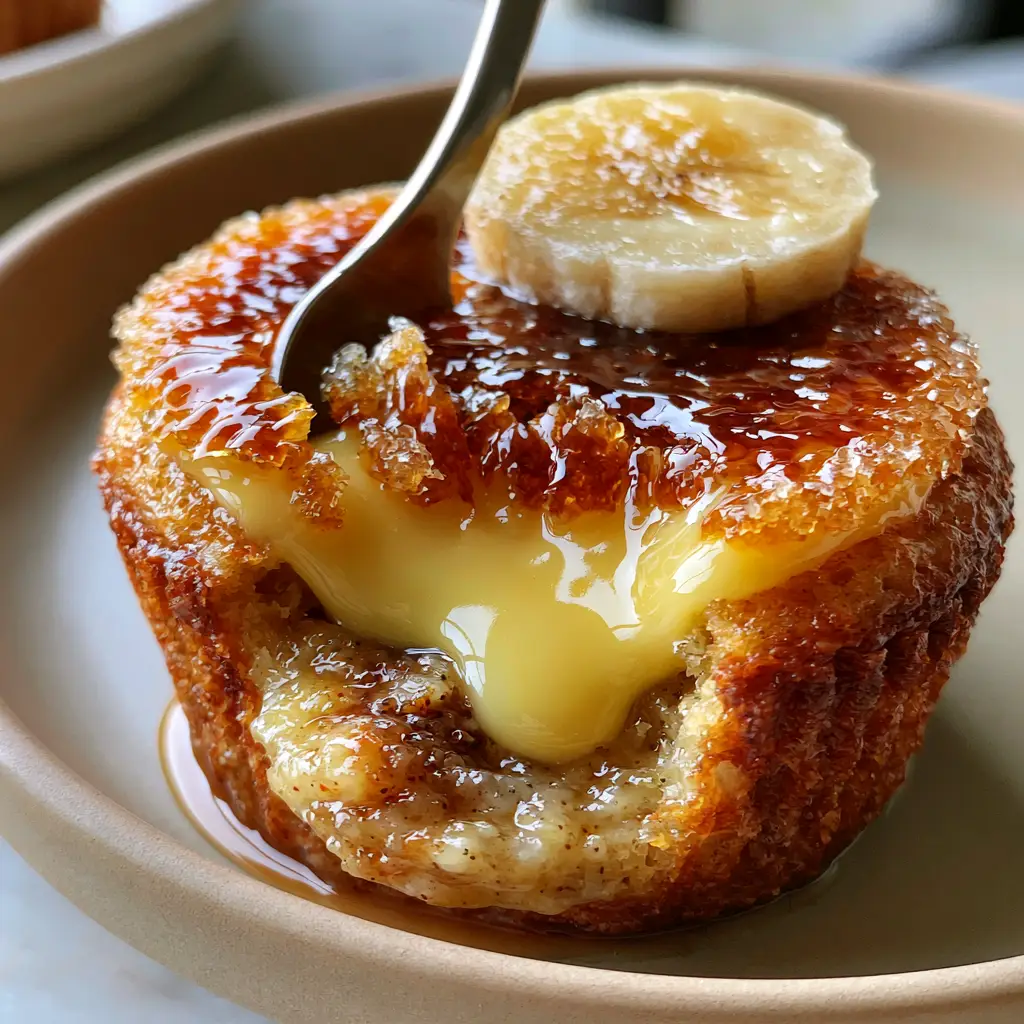 A handheld photo showing the glossy caramel crust and fresh banana slice garnish of the banana creme brulee cupcakes.