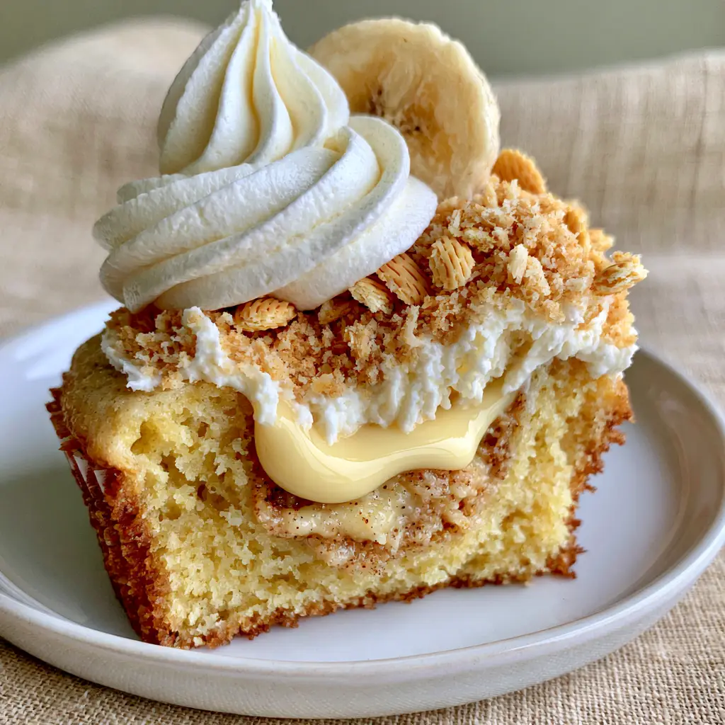 Banana Cream Cupcakes: The Ultimate Oozing Vanilla Custard Filled Treat 1 Top view of banana cream cupcakes with a high swirl of whipped cream, golden crumbs, and a fresh banana slice.